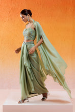 Load image into Gallery viewer, Pista Green Embroidered Drape Skirt Set with Cape