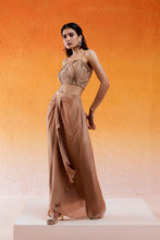 Load image into Gallery viewer, Caramel Brown Embroidered Drape Skirt Set with Cape