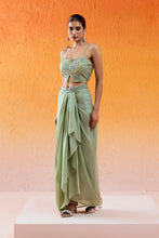 Load image into Gallery viewer, Pista Green Embroidered Drape Skirt Set with Cape