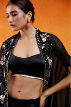 Load image into Gallery viewer, Black Embroidered Drape Skirt Set with Cape