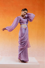 Load image into Gallery viewer, Lavender Embroidered Drape Saree Set with Belt