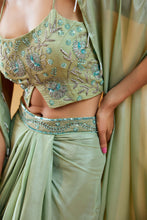 Load image into Gallery viewer, Pista Green Embroidered Drape Skirt Set with Cape