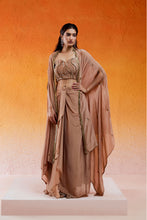 Load image into Gallery viewer, Caramel Brown Embroidered Drape Skirt Set with Cape