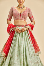 Load image into Gallery viewer, PISTA GREEN LEHENGA WITH RED CHOLI AND DUPATTA