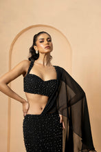 Load image into Gallery viewer, Black embroidered fishtil lehenga with drape dupatta