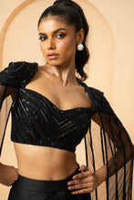 Load image into Gallery viewer, Black co-ord set with attached cape