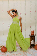 Load image into Gallery viewer, Green Pleated Embroidered Jumpsuit