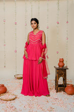 Load image into Gallery viewer, Fuschia Pink Pleated Embroidered Peplum Sharara Set