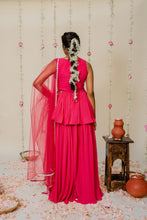 Load image into Gallery viewer, Fuschia Pink Pleated Embroidered Peplum Sharara Set