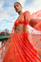 Load image into Gallery viewer, Neon Orange Sequin Lehenga Set