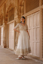 Load image into Gallery viewer, Nafees - Daisy Ivory Kalidaar Anarkali Set with Palazzo & Dupatta