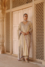 Load image into Gallery viewer, Rooh – Gold Tissue Long Kalidaar Anarkali Set with Palazzo & Dupatta
