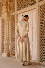 Load image into Gallery viewer, Rooh – Gold Tissue Long Kalidaar Anarkali Set with Palazzo & Dupatta