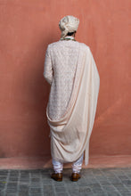 Load image into Gallery viewer, NUDE TAFETTA SILK EMBROIDERED SHERWANI WITH KURTA AND CHURIDAR
