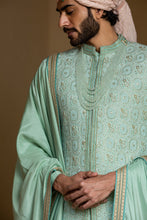 Load image into Gallery viewer, MINT GREEN MONGA EMBROIDERY ACHKAN WITH KURTA AND PANTS