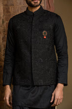 Load image into Gallery viewer, BLACK KURTA SALWAR WITH RAW SILK ALL OVER EMBROIDERED NEHRU JACKET