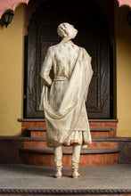 Load image into Gallery viewer, GOLD TWILL MATKA ACHKAN WITH BELT ZARDOZI EMBROIDERED WITH MONGA GATHERED KURTA AND CHURIDAR