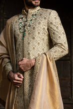 Load image into Gallery viewer, BEIGE ALL OVER EMBROIDERED ACHKAN WITH MONGA KURTA AND CHURIDAR