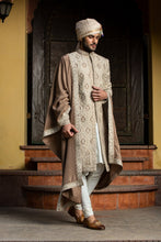 Load image into Gallery viewer, BEIGE BROWN RAW SILK PATCHWORK EMBROIDERED ACHKAN WITH MONGA KURTA AND CHURIDAR