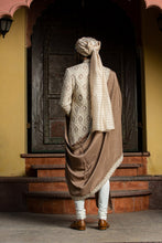 Load image into Gallery viewer, BEIGE BROWN RAW SILK PATCHWORK EMBROIDERED ACHKAN WITH MONGA KURTA AND CHURIDAR