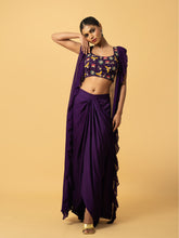 Load image into Gallery viewer, Violet Co - ord set with multi coloured hand embroidery on the blouse . Blouse & dhoti is of modal satin , cape is of georgette