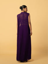 Load image into Gallery viewer, Violet Co - ord set with multi coloured hand embroidery on the blouse . Blouse & dhoti is of modal satin , cape is of georgette