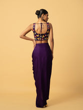 Load image into Gallery viewer, Violet Co - ord set with multi coloured hand embroidery on the blouse . Blouse & dhoti is of modal satin , cape is of georgette