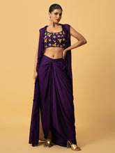 Load image into Gallery viewer, Violet Co - ord set with multi coloured hand embroidery on the blouse . Blouse & dhoti is of modal satin , cape is of georgette