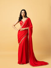 Load image into Gallery viewer, Red modal satin saree with hand embroidered sleeveless blouse