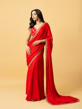 Load image into Gallery viewer, Red modal satin saree with hand embroidered sleeveless blouse