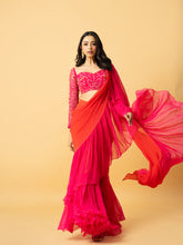Load image into Gallery viewer, Pink & orange georgette ruffle saree with full sleeve hand embroidered blouse