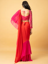 Load image into Gallery viewer, Pink & orange georgette ruffle saree with full sleeve hand embroidered blouse