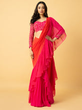 Load image into Gallery viewer, Pink & orange georgette ruffle saree with full sleeve hand embroidered blouse