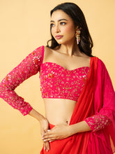 Load image into Gallery viewer, Pink & orange georgette ruffle saree with full sleeve hand embroidered blouse