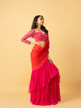 Load image into Gallery viewer, Pink & orange georgette ruffle saree with full sleeve hand embroidered blouse