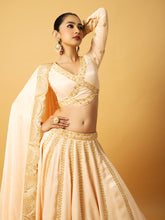 Load image into Gallery viewer, Peach modal satin full sleeve lehenga with hand embroidered work and lace on dupatta