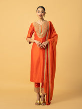 Load image into Gallery viewer, Orange chanderi silk 3 quarter sleeve kurta salwar with hand embroidery & organza dupatta with hand embroidery