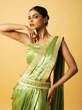 Load image into Gallery viewer, Bright mint green modal satin dhoti saree with hand embroidery on blouse & golden lace on saree pallu