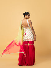 Load image into Gallery viewer, Ivory chanderi silk kurta , fuschia pink georgette Sharara with lime green & pink soft net dupatta , hand work on kurta & Sharara