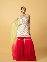 Load image into Gallery viewer, Ivory chanderi silk kurta , fuschia pink georgette Sharara with lime green & pink soft net dupatta , hand work on kurta & Sharara