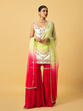 Load image into Gallery viewer, Ivory chanderi silk kurta , fuschia pink georgette Sharara with lime green & pink soft net dupatta , hand work on kurta & Sharara