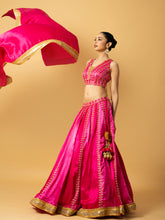 Load image into Gallery viewer, Pink Ombre modal satin lehenga with hand embroidered work and lace on dupatta