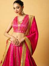 Load image into Gallery viewer, Pink Ombre modal satin lehenga with hand embroidered work and lace on dupatta
