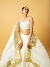 Load image into Gallery viewer, Ivory modal satin lehenga with golden lace in dupatta