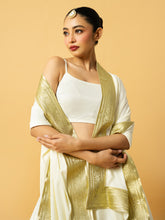 Load image into Gallery viewer, Ivory modal satin lehenga with golden lace in dupatta