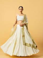Load image into Gallery viewer, Ivory modal satin lehenga with golden lace in dupatta