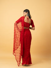 Load image into Gallery viewer, Red soft net & georgette saree with hand embroidery