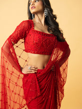 Load image into Gallery viewer, Red soft net & georgette saree with hand embroidery