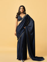 Load image into Gallery viewer, Blue modal satin saree with hand embroidered sleeveless blouse