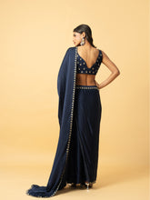 Load image into Gallery viewer, Blue modal satin saree with hand embroidered sleeveless blouse